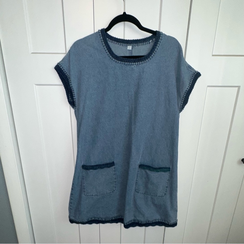 Chic Blue Denim Tunic Dress with Pockets and Hand Crocheted Embellishments Large